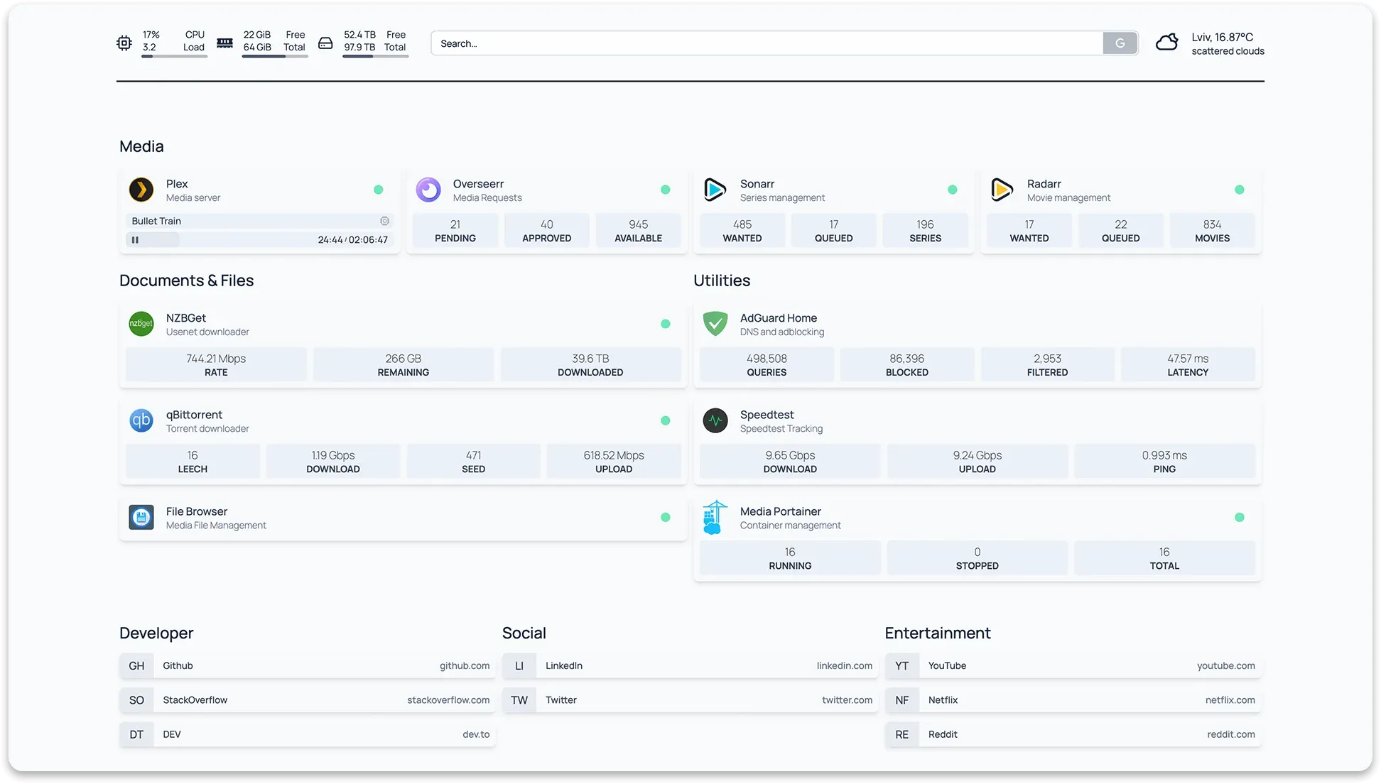 A typical layout: info widgets on top, service cards with live stats, bookmarks at the bottom