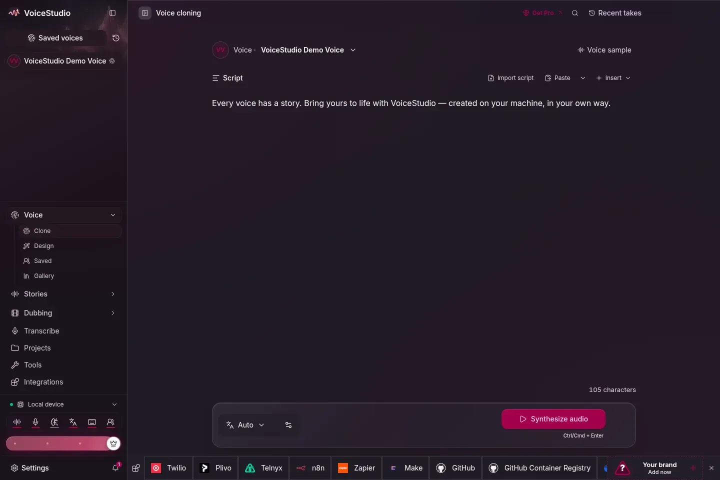 VoiceStudio desktop app showing the voice cloning workspace with a script and a Synthesize audio button