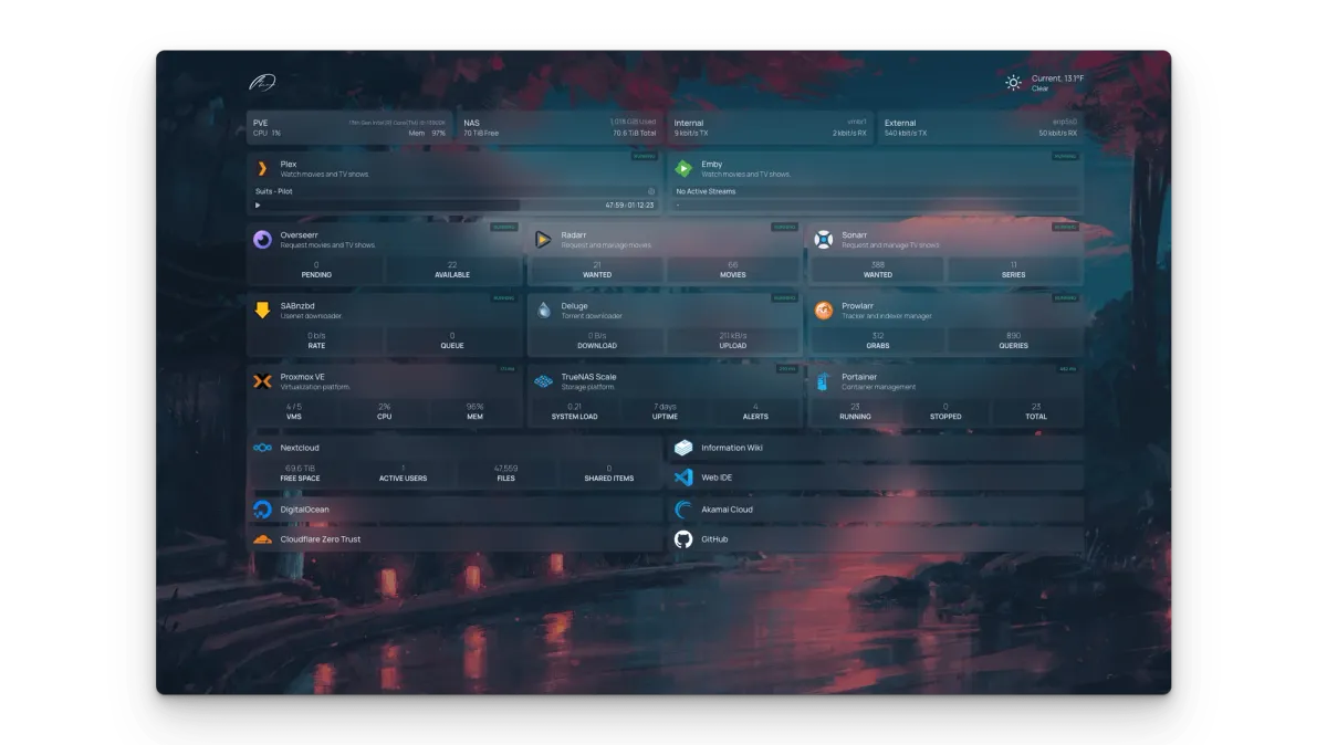 Homepage dashboard with service widgets on a dark background