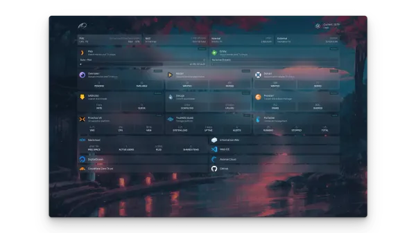 Homepage dashboard with service widgets on a dark background
